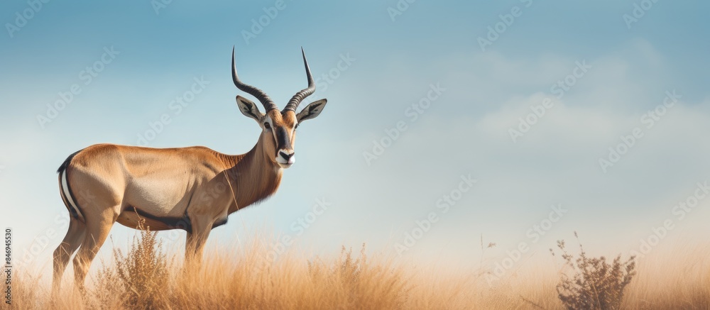 Poster Male hartebeest stands on elevated area in grassy savannah, turning head to observe surroundings. with copy space image. Place for adding text or design