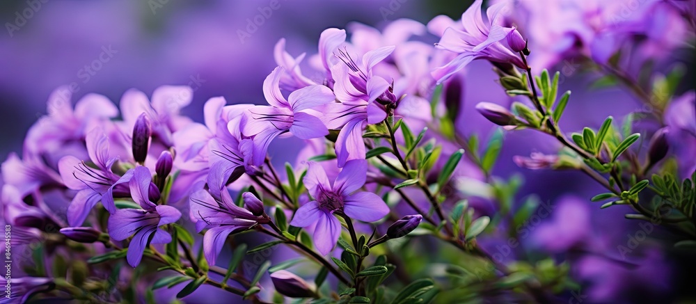 Poster blossoming purple flowers contrast beautifully with the lush green grass in a natural setting. with 