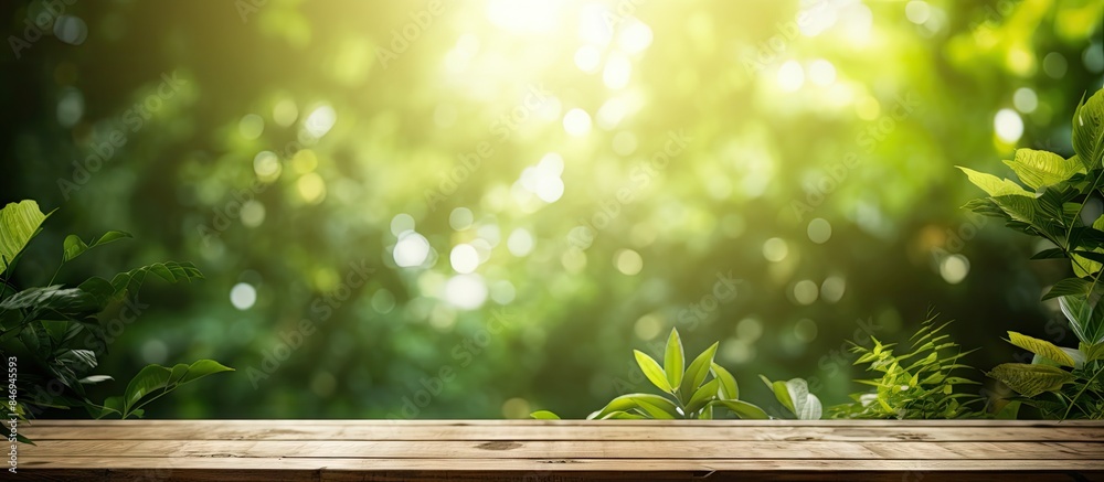 Fototapete Wooden table set against a backdrop of vibrant green forest foliage and sunlight filtering through. with copy space image. Place for adding text or design