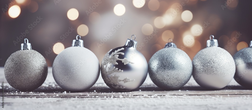 Aufkleber Close-up view of a row of Christmas baubles arranged neatly on a table surface. with copy space image. Place for adding text or design