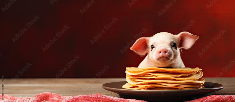 Leinwandbilder A content pig is seated with pancakes spread out before it on a plate. with copy space image. Place for adding text or design