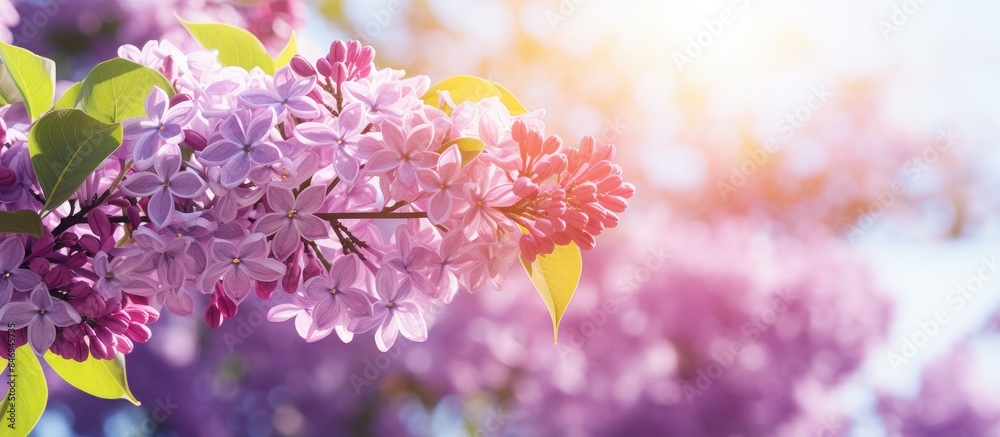 Poster Lilac blossoms in full bloom under the warm sunlight on a beautiful spring day. with copy space image. Place for adding text or design