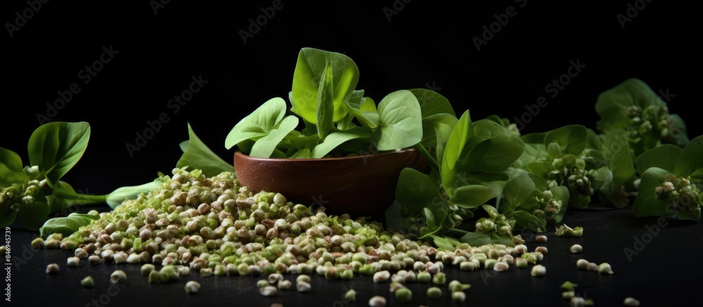 Poster bowl containing beans and spinach leaves in a detailed close-up view. with copy space image. place f