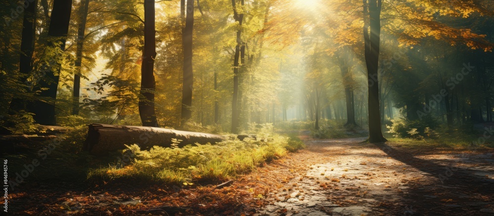 Fototapete Golden sunshine casting warm light through the trees in a serene autumn woodland. with copy space image. Place for adding text or design