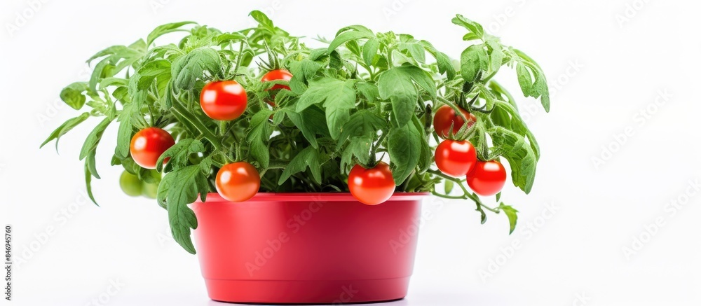 Poster close up of a potted plant featuring tomatoes and basil leaves. with copy space image. place for add