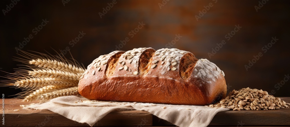 Leinwandbilder a freshly baked multigrain bread loaf accompanied by whole wheat grains, a wholesome and rustic disp
