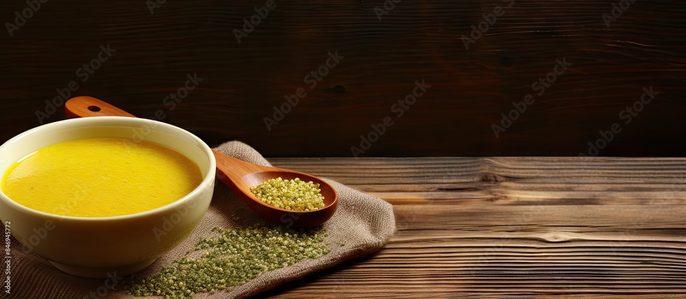 Poster Close-up of a cup of hot soup with a spoon placed on a napkin, ready to be served. with copy space image. Place for adding text or design