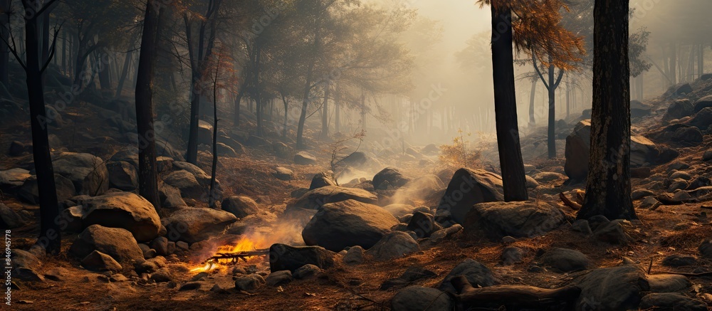 Leinwandbilder Raging fire engulfs rocks and trees in the midst of a dense forest. with copy space image. Place for adding text or design