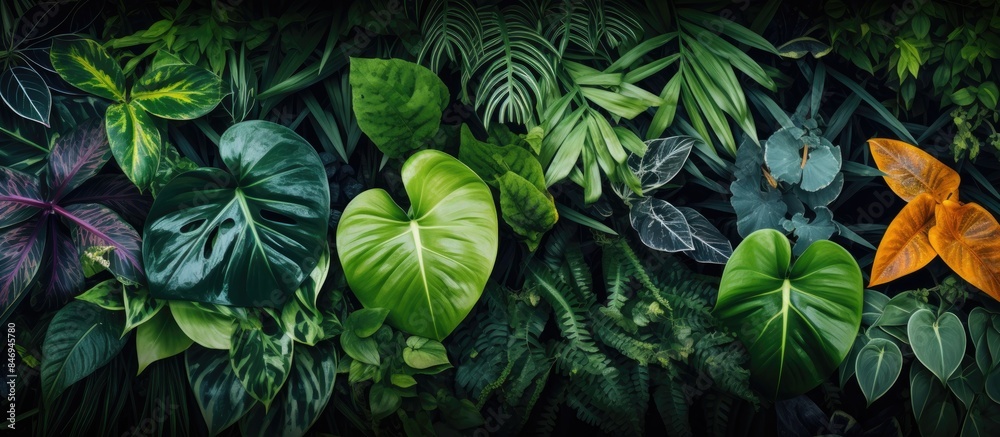 Poster Assortment of diverse leaves showcased in a dimly illuminated environment, highlighting their distinct characteristics. with copy space image. Place for adding text or design