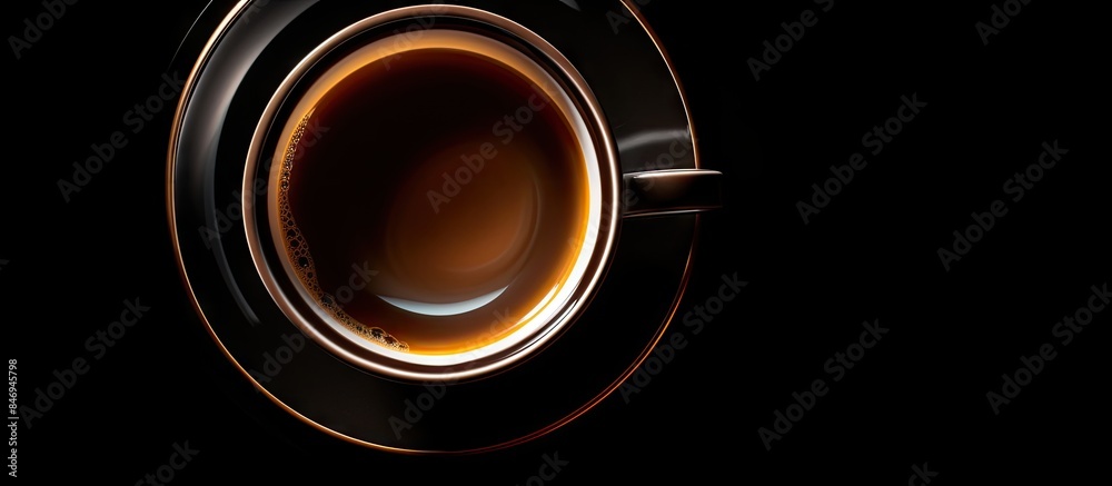 Poster Close-up view of a steaming cup of black coffee against a dark background, perfect for adding text. with copy space image. Place for adding text or design