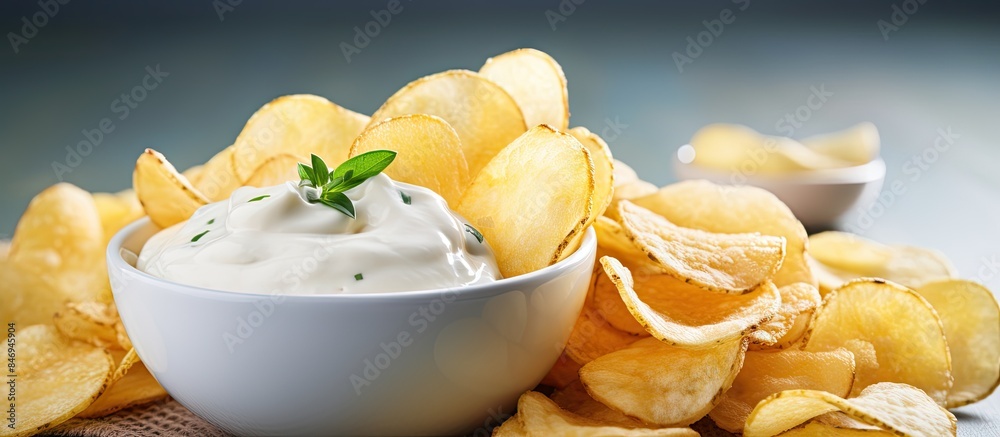 Poster Potato chips served with sour cream dipping sauce in a bowl on a wooden table. with copy space image. Place for adding text or design