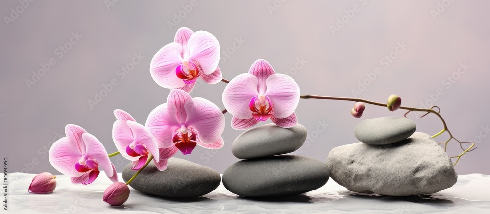 Poster an elegant still life composition featuring two pink orchids delicately placed amidst therapy stones