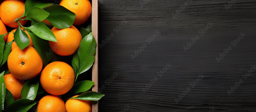 Poster multiple oranges are neatly arranged inside a wooden box placed on a tabletop. with copy space image