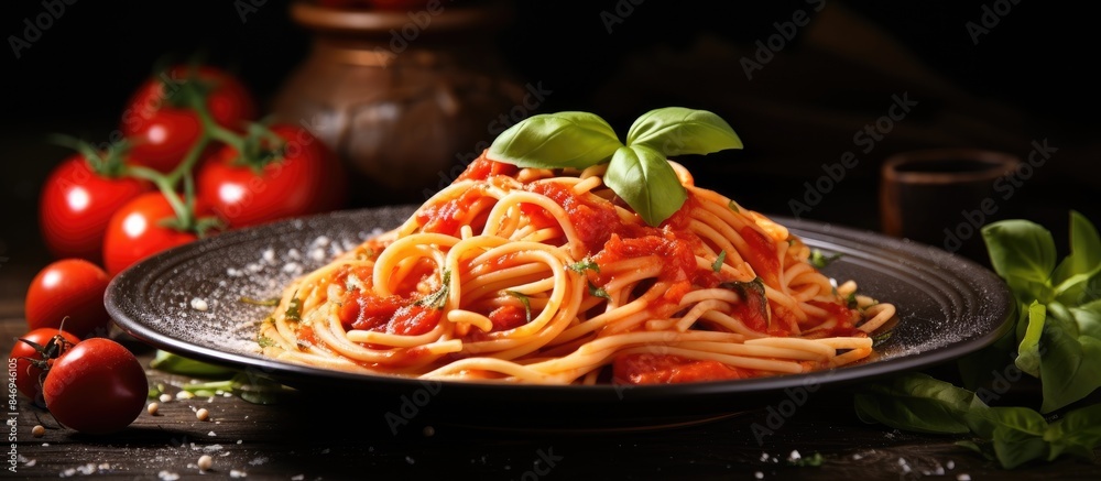 Poster plate of delicious pasta topped with tomato sauce, garnished with fresh basil leaves, captured in a 