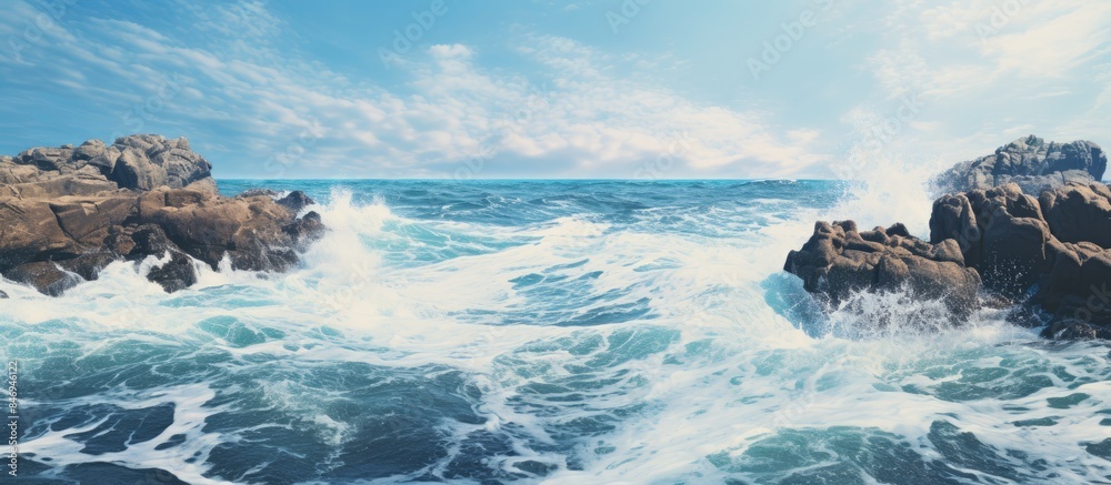 Poster Painting close-up depicting a rugged shore with crashing waves and rocks jutting out. with copy space image. Place for adding text or design
