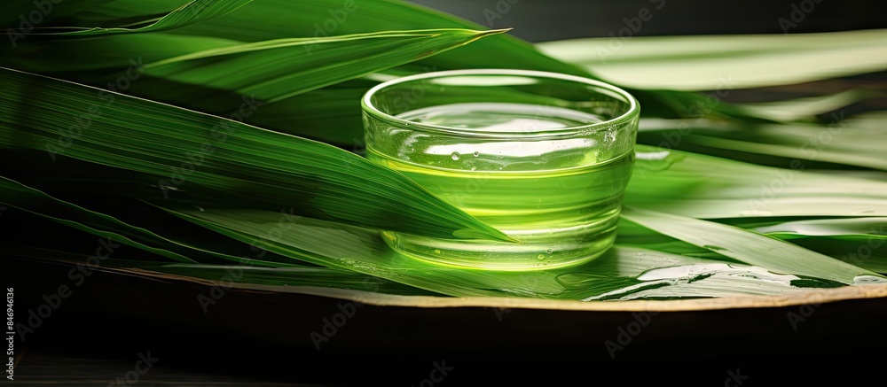 Poster glass of water on a plate with a leaf. pandan leaves known for their fragrance and medicinal propert