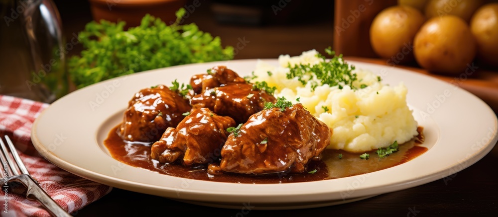 Aufkleber succulent meatballs served with velvety mashed potatoes on a plate, a delectable dish for any mealti