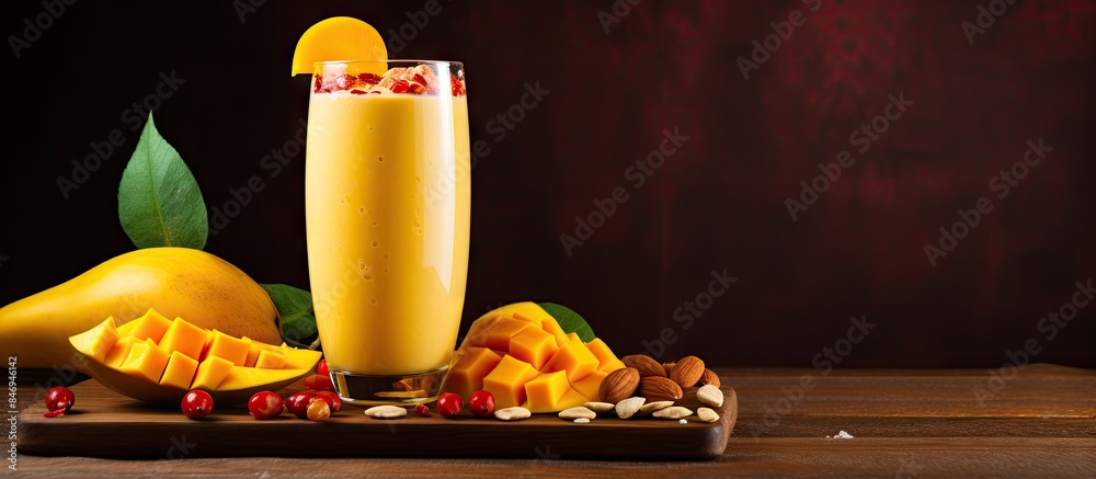 Leinwandbilder A close-up view capturing a refreshing glass of smoothie made with ripe mango and topped with nuts. with copy space image. Place for adding text or design
