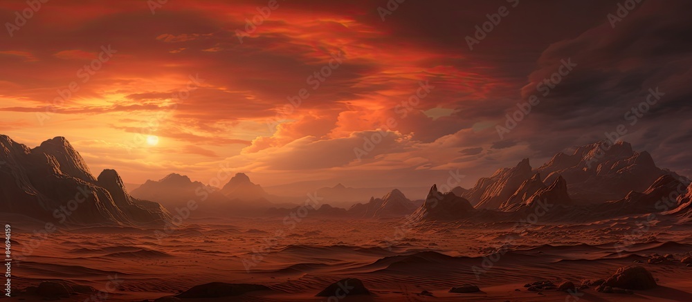 Poster Desert landscape featuring distant mountains and rocky terrain under a sunset sky. with copy space image. Place for adding text or design