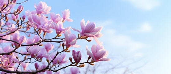 Vivid purple Magnolia flowers blossoming beautifully during the spring season in a garden. with...