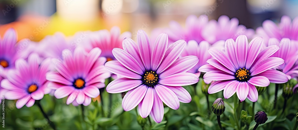 Poster vibrant purple flowers featuring yellow centers set amidst green foliage in a botanical garden. with
