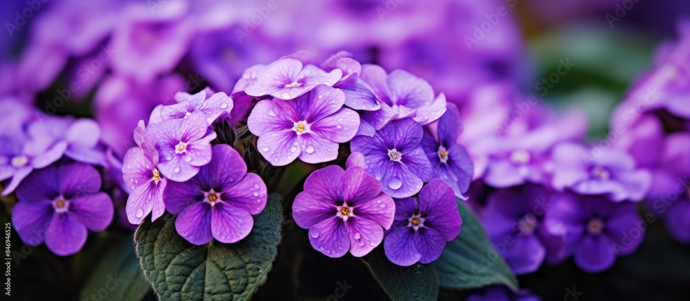 Poster purple primroses with green leaves blooming in a vibrant garden setting. with copy space image. plac