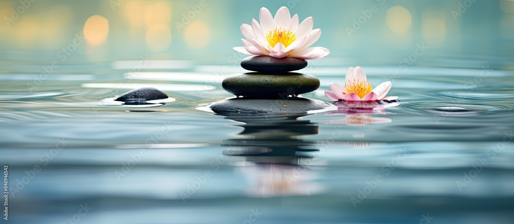 Poster water lilies resting on a rock amidst tranquil waters, showcasing natural beauty and serenity. with 