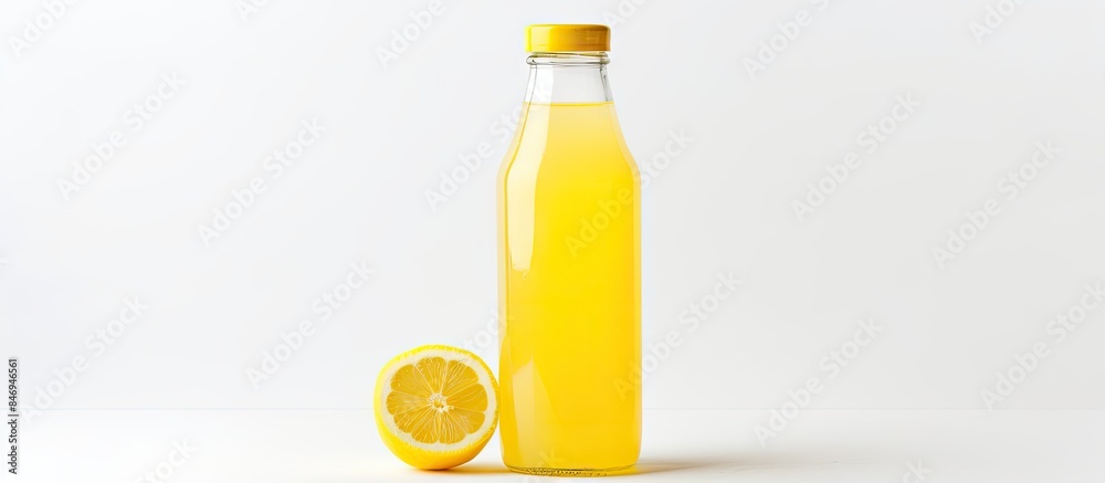 Fototapete Close-up of a bottle filled with refreshing orange juice garnished with a lemon slice. with copy space image. Place for adding text or design