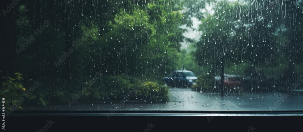 Poster car navigates the rain-soaked city road, windshield streaming with raindrops. with copy space image.