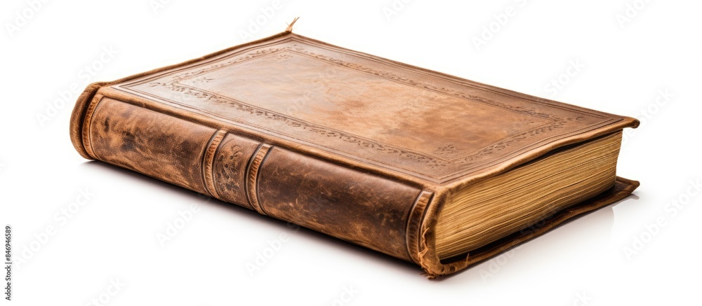 Poster an antique book showcasing a weathered leather cover set against a plain white backdrop. with copy s