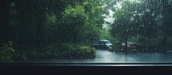 Car navigates the rain-soaked city road, windshield streaming with raindrops. with copy space image. Place for adding text or design