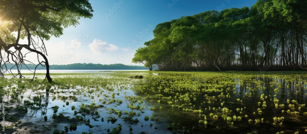 Fototapete Tranquil lake surrounded by dense green trees and reflection of foliage in the water. with copy space image. Place for adding text or design