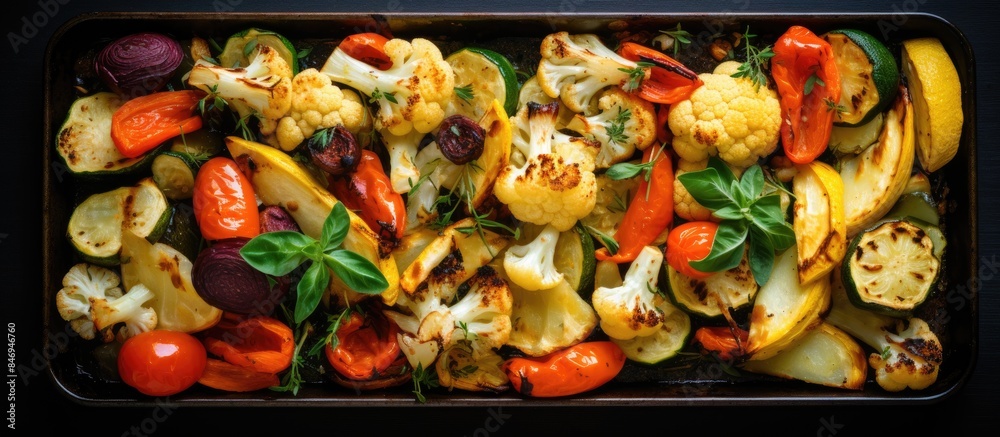 Poster tray of assorted vegetables including roasted cauliflower, zucchini, and carrots with herbs, present