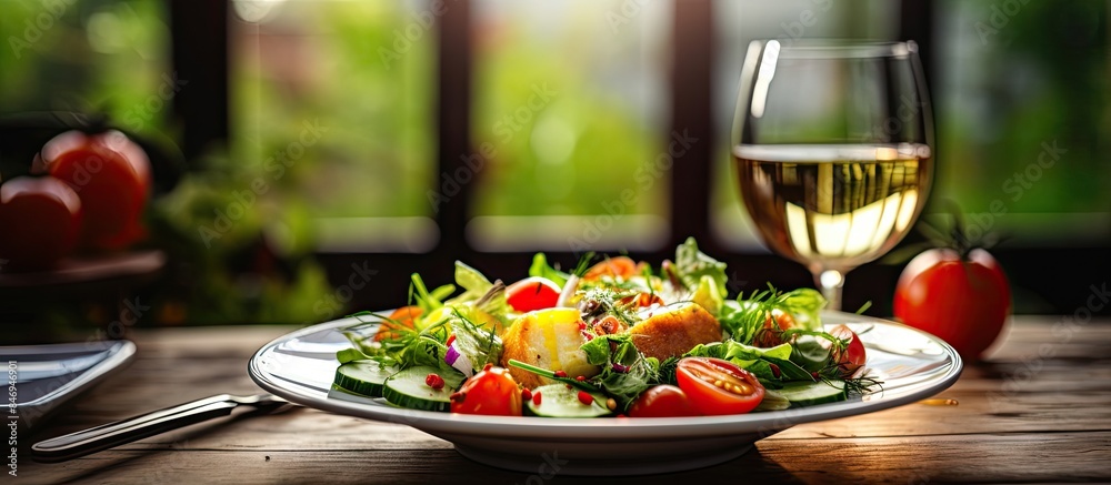 Poster Salad served in a white plate and a glass of wine placed closely together on a wooden table. with copy space image. Place for adding text or design