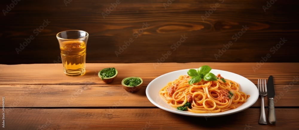 Aufkleber close-up of spaghetti plate with beer alongside wooden background and soda glass. with copy space im