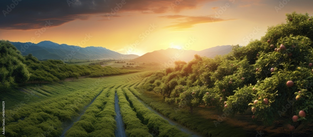 Poster Landscape showing a vast field filled with numerous trees under the beautiful hues of a setting sun in the sky. with copy space image. Place for adding text or design
