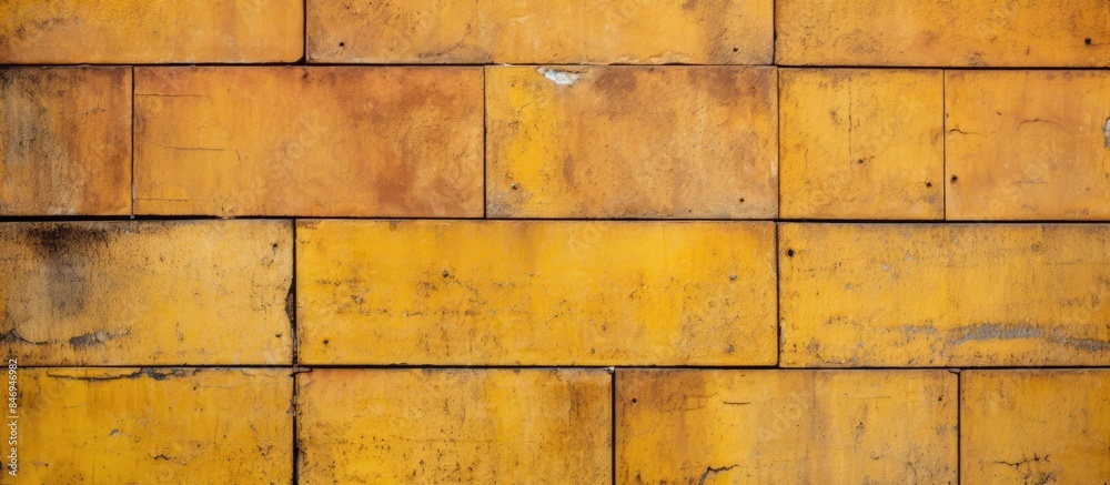 Poster An up-close view of a textured yellow brick wall with a tiny hole in the center. with copy space image. Place for adding text or design