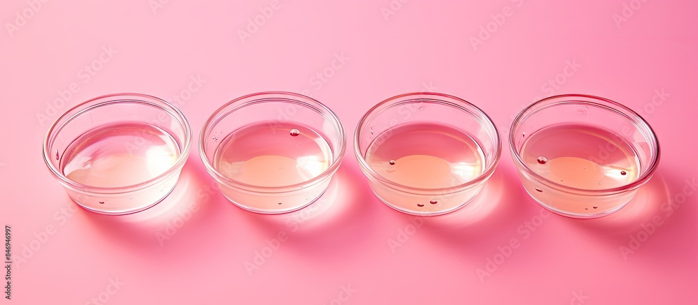 Leinwandbilder Arrangement of four drink glasses neatly aligned on a pink tabletop, creating a vibrant display. with copy space image. Place for adding text or design
