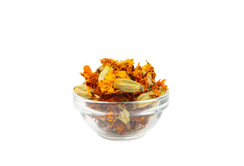 Assortment of dry herbal and berry tea isolated on a white background. Tea party concept. medicinal herbs. Healing herbs.Alternative medicine.Linden, calendula, cornflowers, marigold, tansy, tea rose.