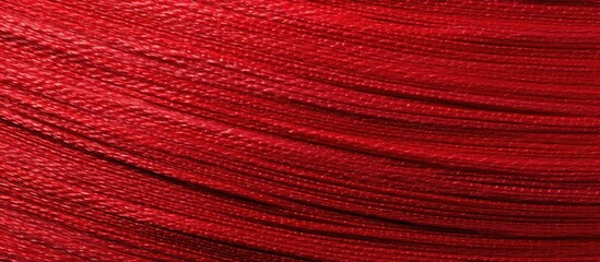 Red spool of thread on a red thread with detailed close-up of textured textile fabric. with copy space image. Place for adding text or design