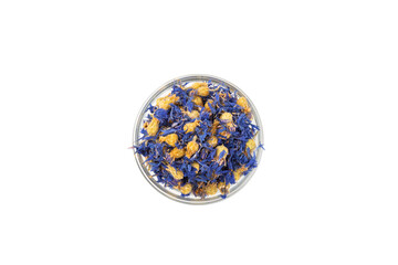 Assortment of dry herbal and berry tea isolated on a white background. Tea party concept. medicinal herbs. Healing herbs.Alternative medicine.Linden, calendula, cornflowers, marigold, tansy, tea rose.