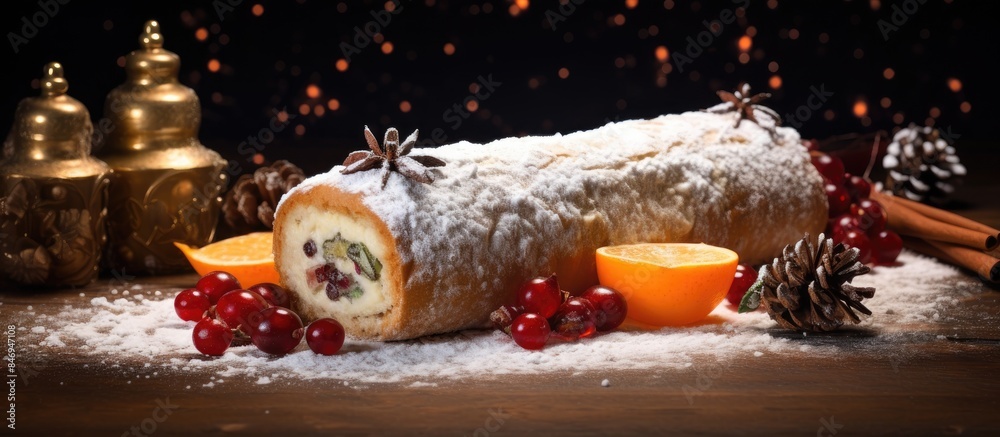 Poster A festive rolled cake filled with coconut and fresh apple slices, perfect for holiday celebrations. with copy space image. Place for adding text or design