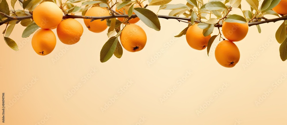 Poster numerous ripe oranges hang from a tree branch, surrounded by lush green leaves. with copy space imag
