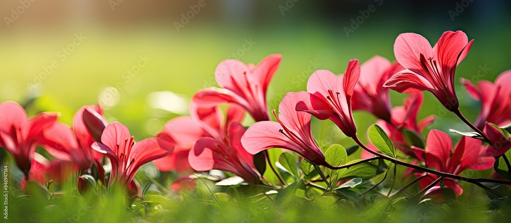 Fototapete many beautiful red flowers bloom in the lush green grass under the warm sun on a clear day. with cop