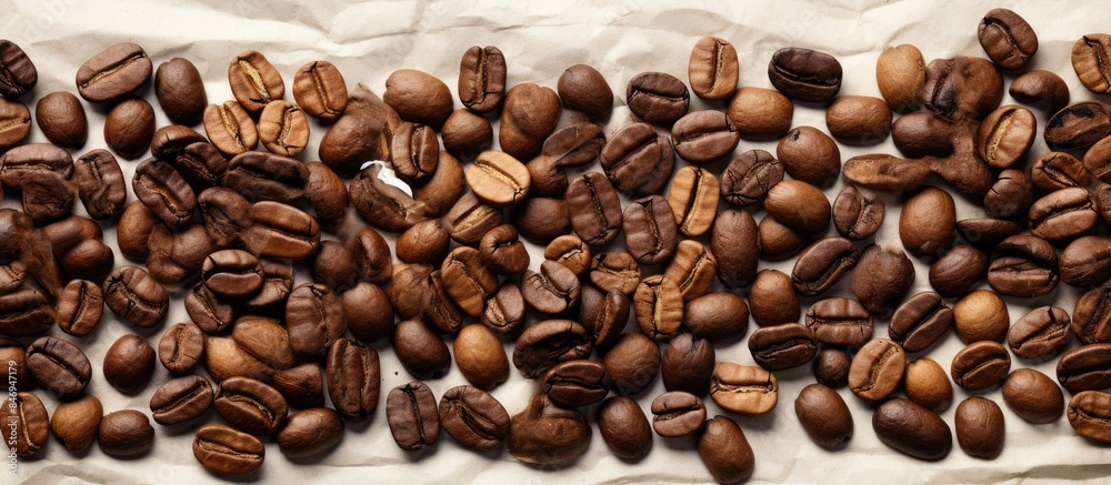 Poster Close-up view of various coffee beans arranged on a table with a rustic wooden surface. with copy space image. Place for adding text or design
