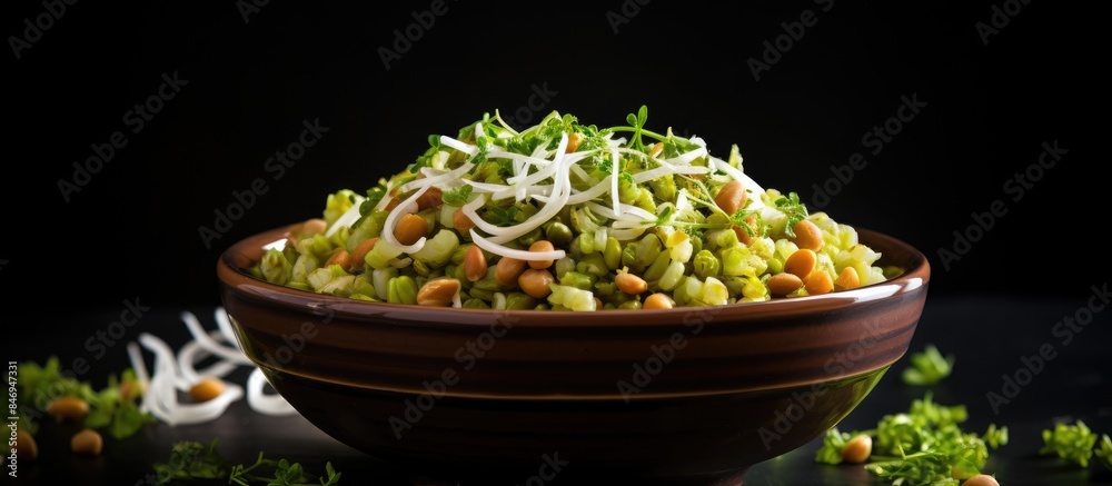 Aufkleber bowl containing green mung bean sprouts displayed on a black table. with copy space image. place for