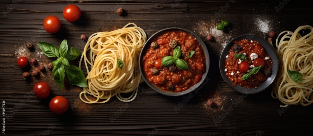 Aufkleber Plates of pasta topped with rich tomato sauce and fresh basil leaves. with copy space image. Place for adding text or design