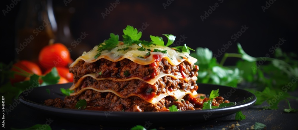 Poster a tempting plate of lasagna featuring layers of meat, cheese, and savory sauce, ready to be enjoyed.