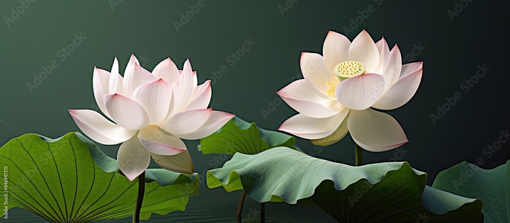 Aufkleber pair of lotus flowers in full bloom floating gracefully on water surface. with copy space image. pla