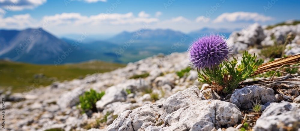 Poster purple thistle flower thriving in the rugged landscape of the velebit mountains among the rocks. wit
